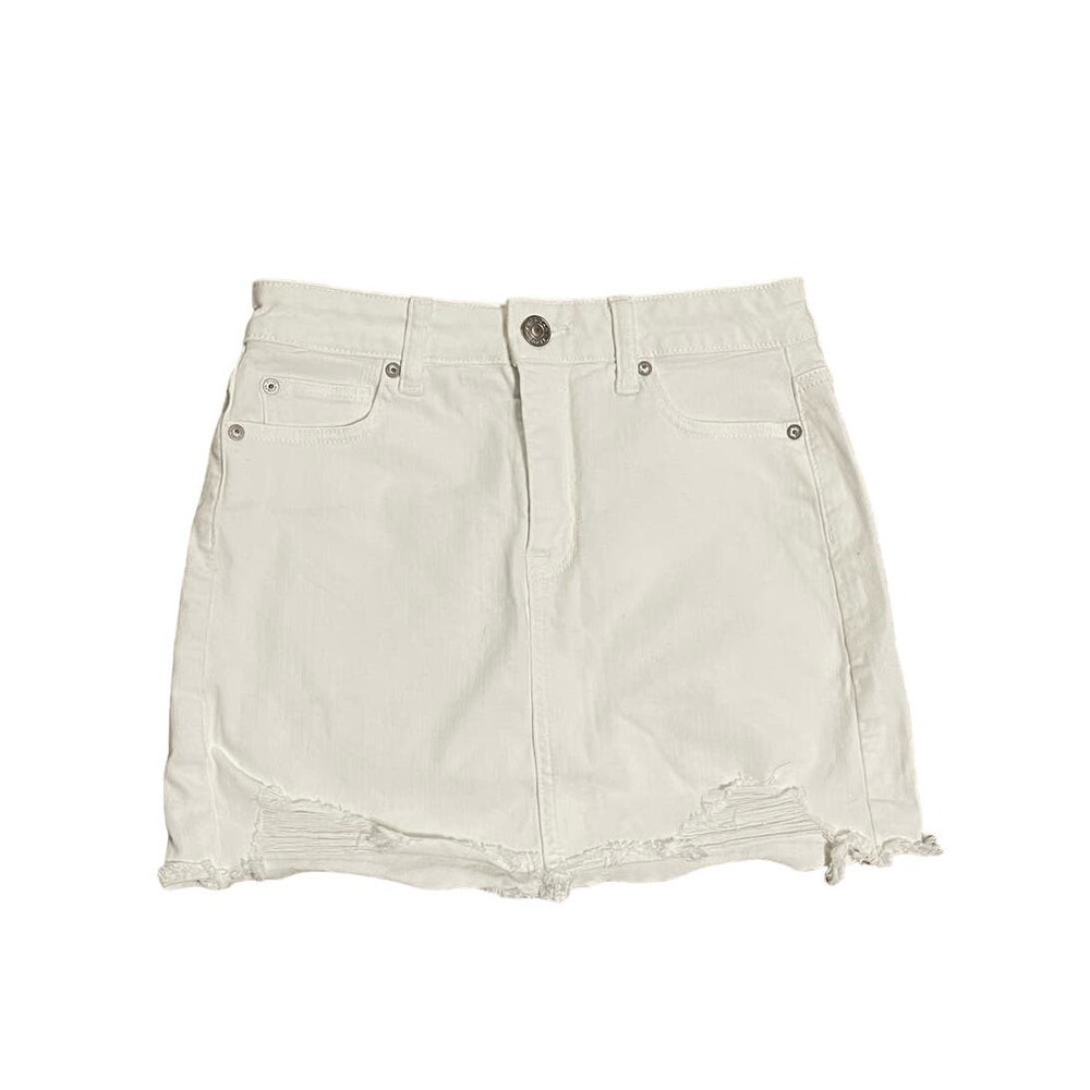 American Eagle Hi Rise Mini Distressed White Denim Skirt
